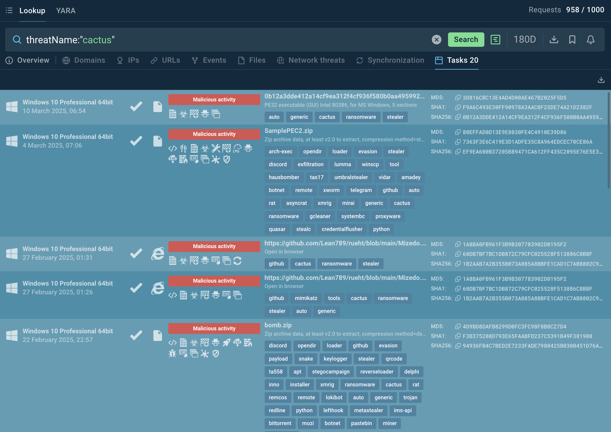 Cactus search results in TI Lookup